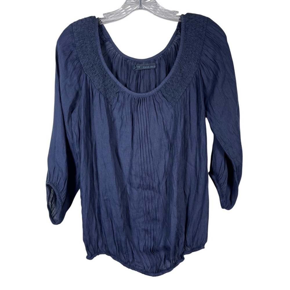 ZARA BASIC Sz L Top Navy Blue Smocked Scoop Neck Pintuck Peasant Blouse Boho